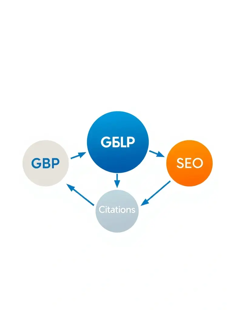 A graphic illustrating the interconnectedness of GBP, citations, and website SEO, emphasizing the holistic approach of Budget Marketing Pros, used to showcase the integrated marketing strategy.