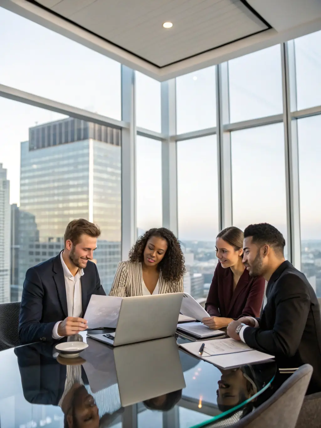 A professional photo of the Budget Marketing Pros team collaborating in a modern office, showcasing their expertise and teamwork.